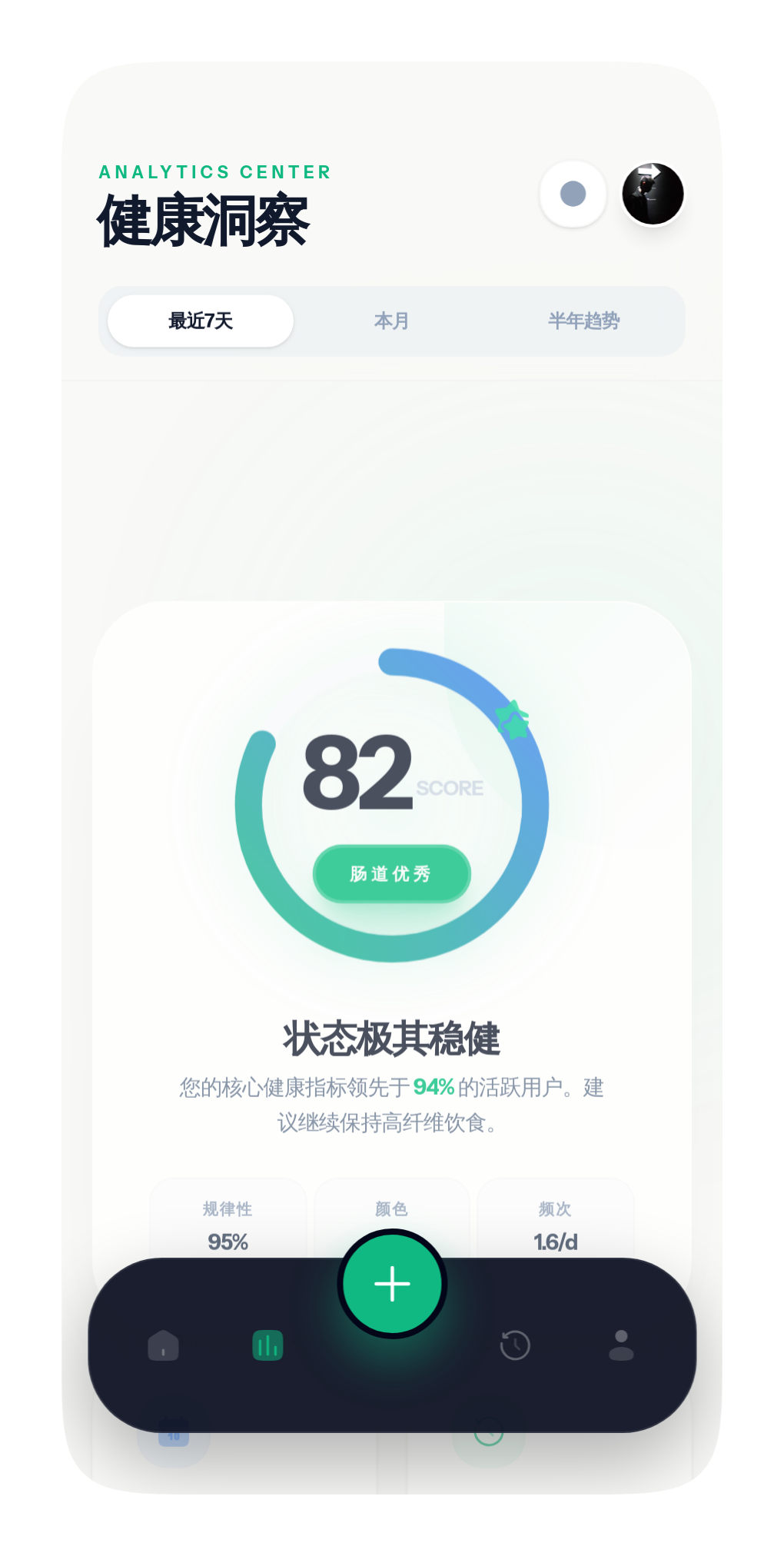 PoopTracker health insights screen showing a health score and trend summary